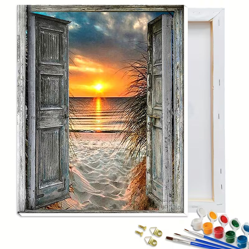 Картина за оцветяване по номера с  илюстрация на отворени дървени врати към пясъчен плаж и залез над морето, представен с подрамка, мъниста и инструменти за изработка.