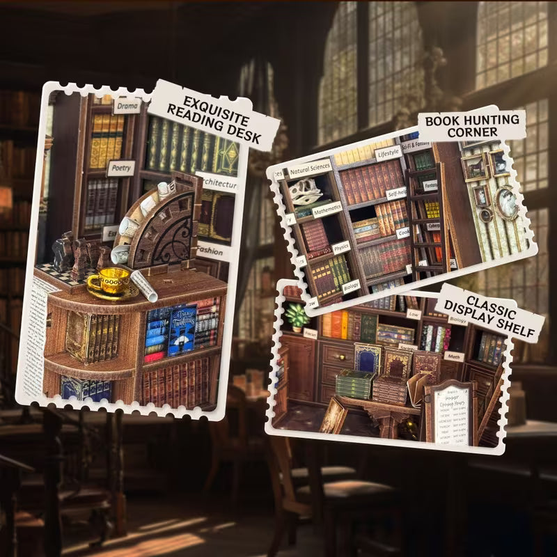 Библиотечен интериор с рафтове, книги и дървени мебели, показващ детайлни сцени с класическа атмосфера, четателски кът и подредени лавици с книги.