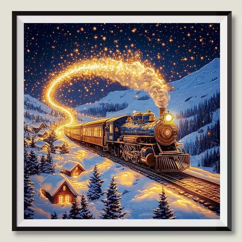 Декоративна картина в рамка с илюстрация на парен влак, преминаващ през заснежен планински пейзаж през нощта, със светеща следа от искри и уютни къщички в долината.