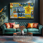 Интериорна визия с пъзел от 1000 части, изобразяващ колаж от известни картини на Ван Гог, окачен над зелено канапе в стилна дневна с декоративни възглавници и кръгла масичка.