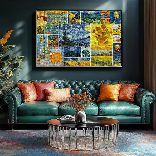 Интериорна визия с пъзел от 1000 части, изобразяващ колаж от известни картини на Ван Гог, окачен над зелено канапе в стилна дневна с декоративни възглавници и кръгла масичка.