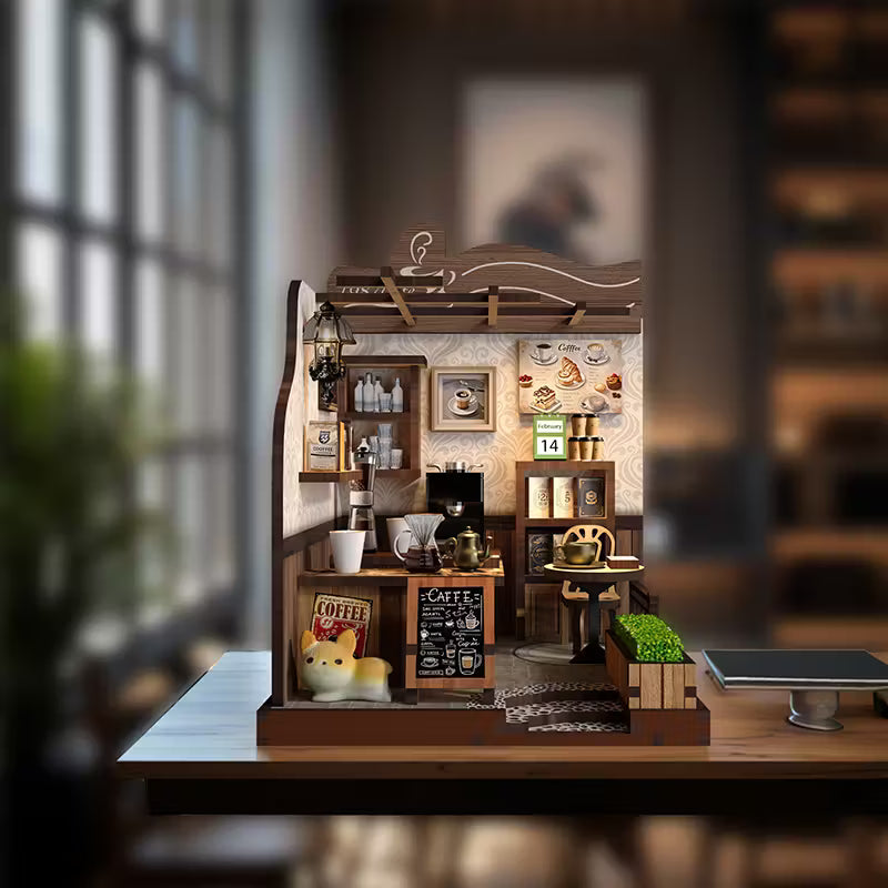 Book nook кафе 1987 Cafe – DIY миниатюрен модел на уютно кафене с кафе машина, рафтове, маса и детайлен интериор за библиотека