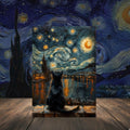 Арт пъзел с черна котка, съзерцаваща „Звездна нощ“ на Ван Гог под магическа луна – идеална декорация и подарък.