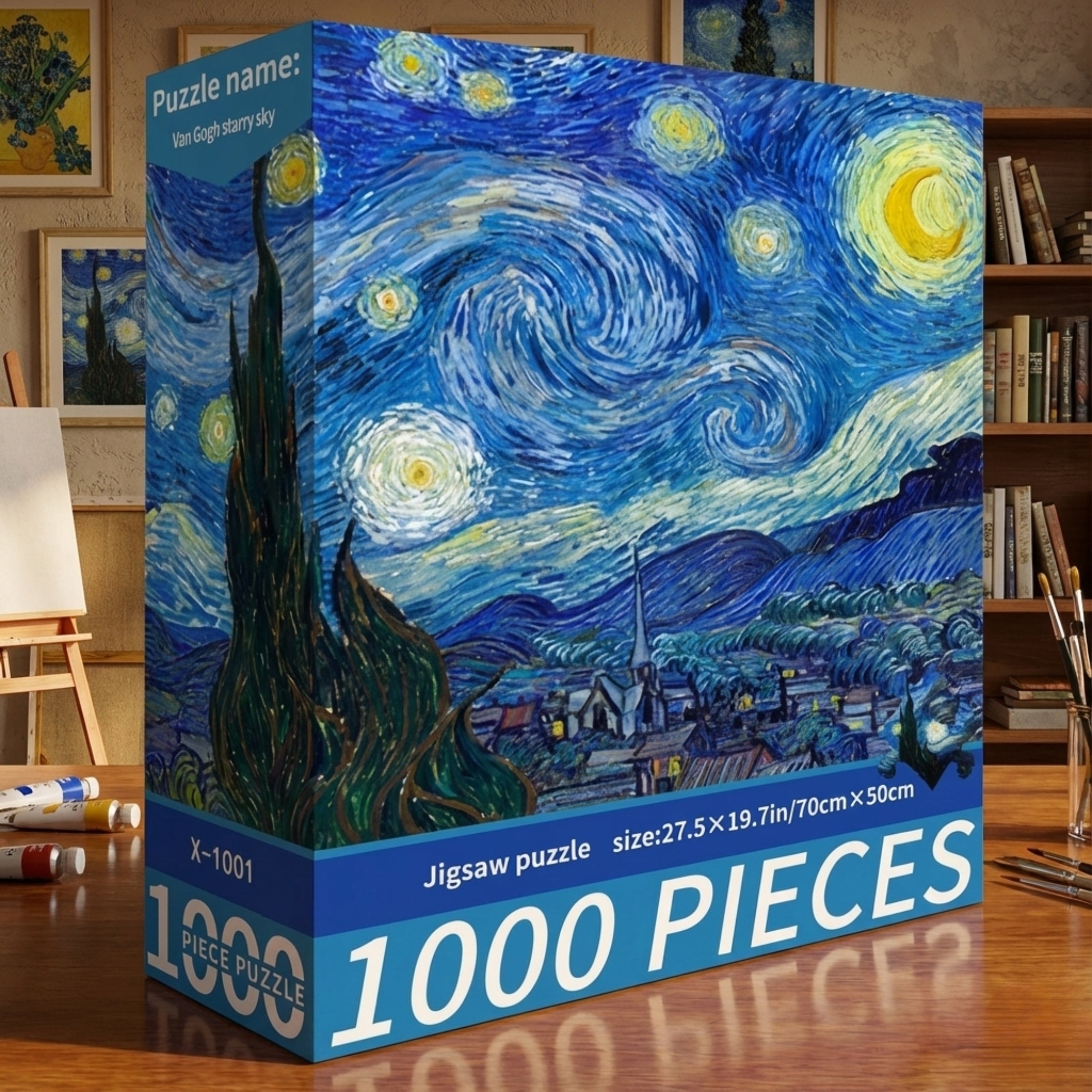 Пъзел 1000 части „Звездна нощ“ от Ван Гог, художествена репродукция върху опаковка