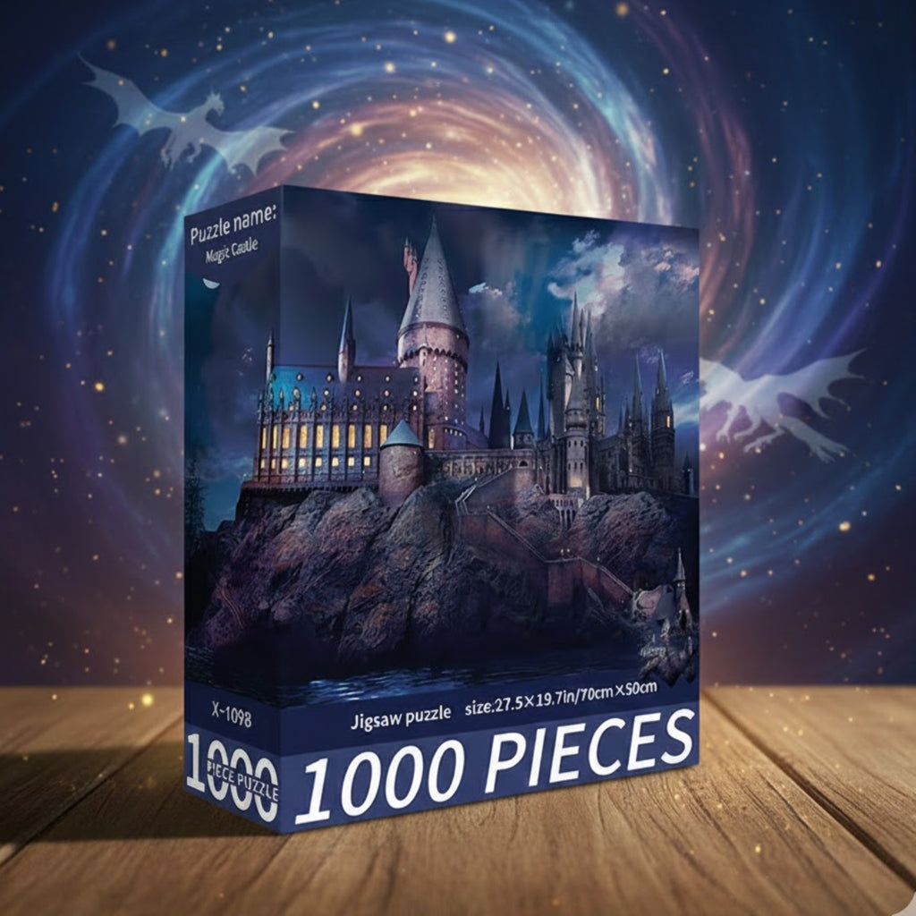 Пъзел 1000 части „Магически замък“, представен с художествен фон и нощна фантастична атмосфера