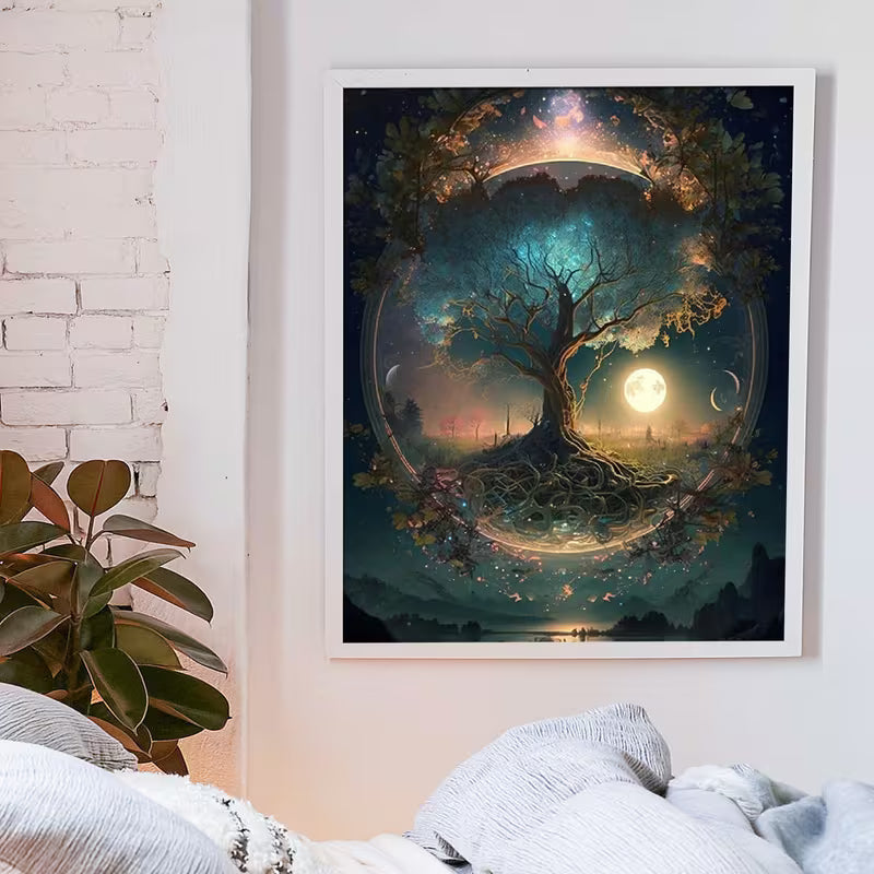 Фантастична картина с магическо дърво и пълна луна в нощен пейзаж, поставена в бяла рамка над легло в уютна спалня с растение