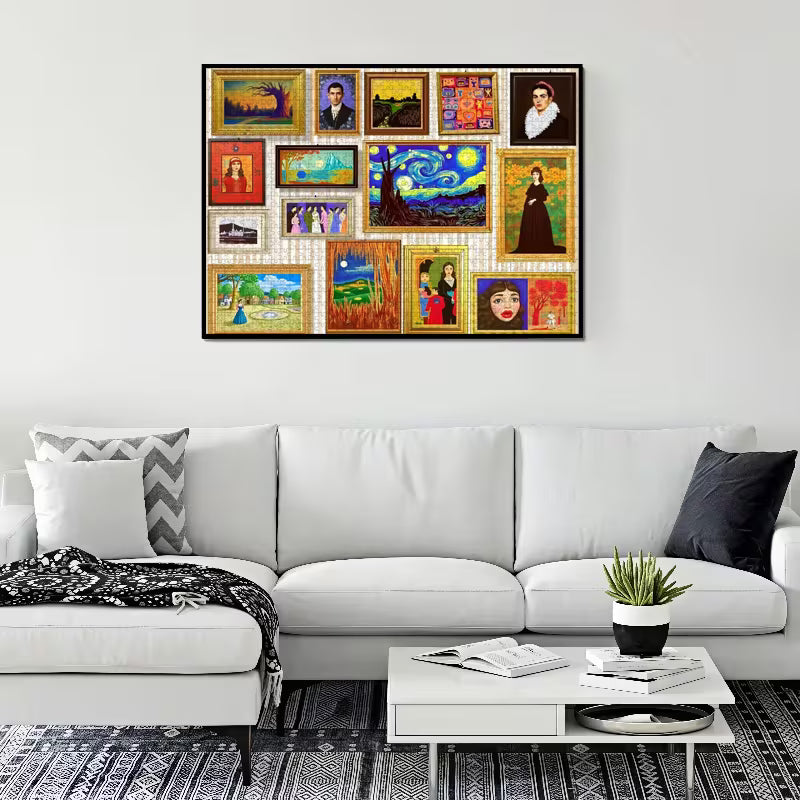Пъзел с колаж от класически художествени картини, окачен на стена над бял диван в модерен интериор, с богати цветове и рамкиран дизайн.