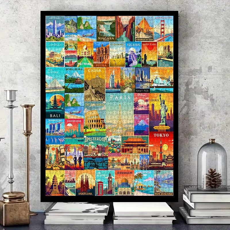Пъзел с колаж от цветни илюстрации на световни градове и забележителности, подреден в черна рамка и поставен върху рафт в интериорна среда.