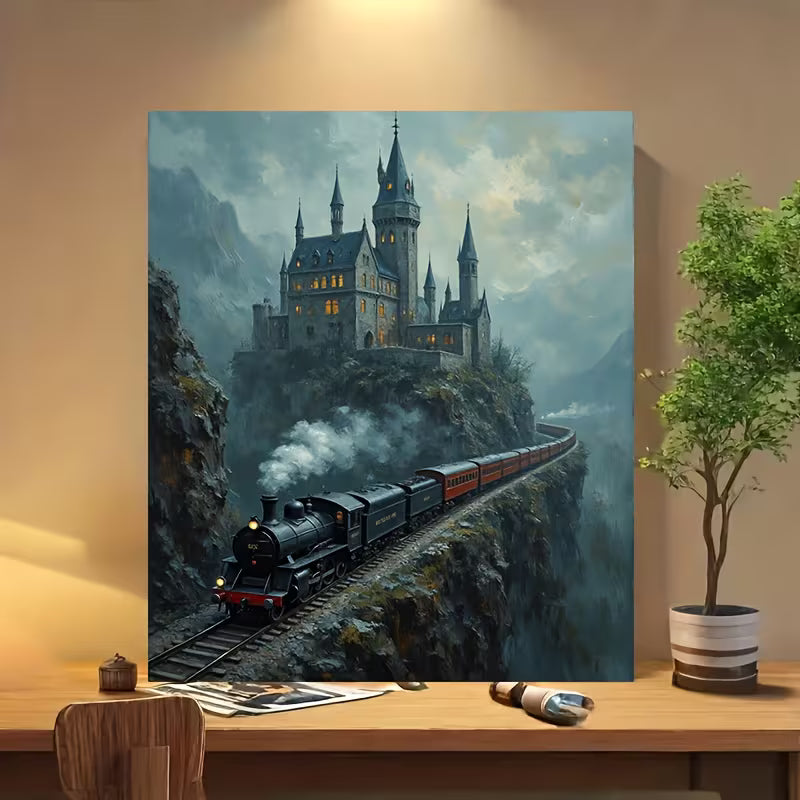 Голяма фантастична картина с парен влак и замък върху скала, поставена в домашен интериор