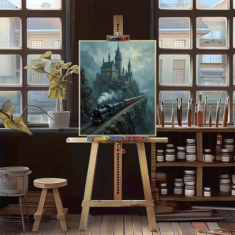 Художествена картина с парен влак и замък върху скала, поставена на статив в артистично студио