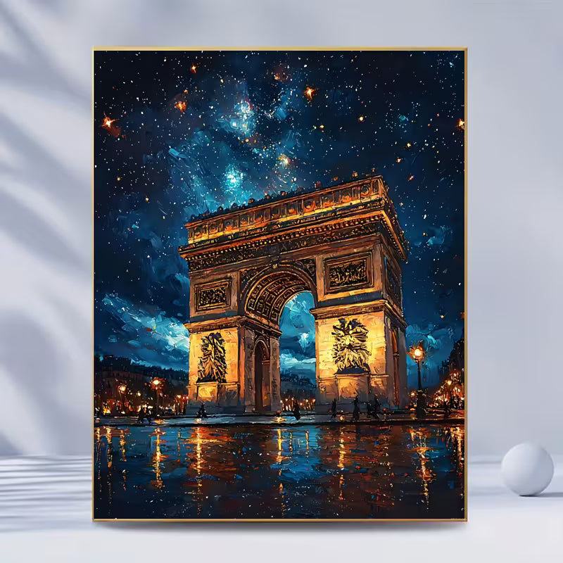Декоративна картина с илюстрация на Триумфалната арка в Париж през нощта, със звездно небе и отражения върху мокрия паваж, подходяща за елегантна интериорна декорация.