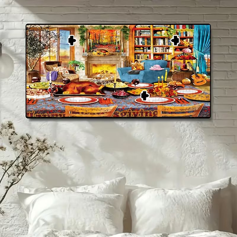Пъзел с богато илюстрирана сцена на уютна всекидневна с празнична трапеза, камина с огън, книги и есенна атмосфера, показан като завършена картина над легло.