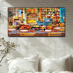 Пъзел с богато илюстрирана сцена на уютна всекидневна с празнична трапеза, камина с огън, книги и есенна атмосфера, показан като завършена картина над легло.