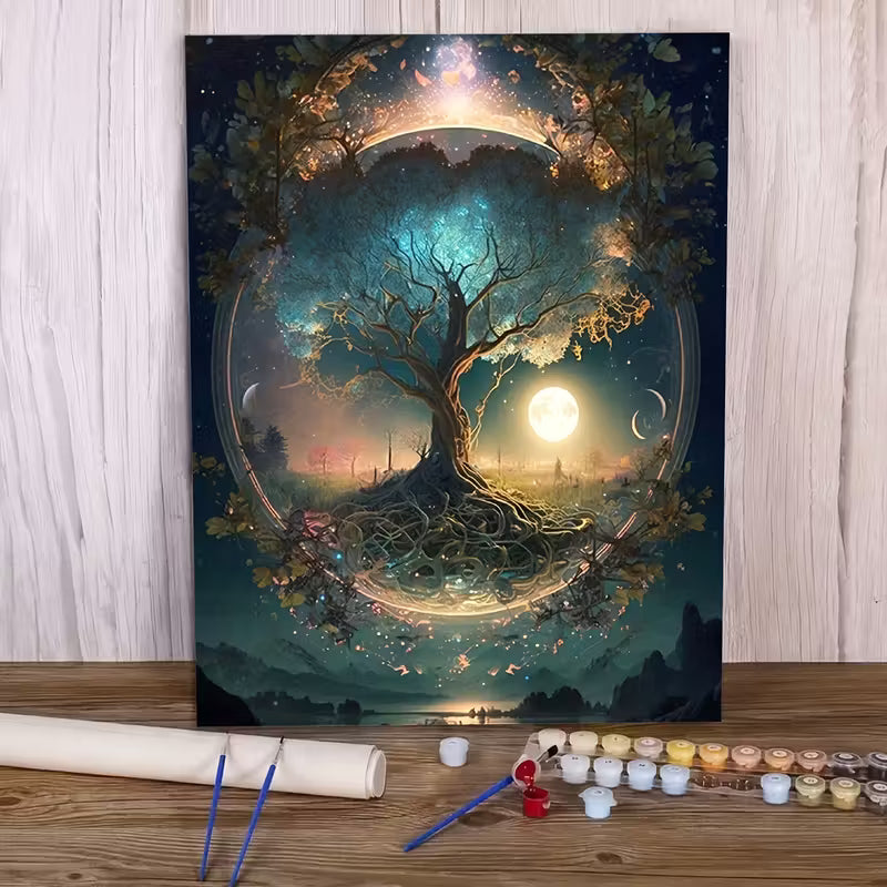 Фентъзи картина за рисуване по номера с магическо дърво, светеща луна и корени в нощен пейзаж, комплект с бои и четки върху дървена повърхност