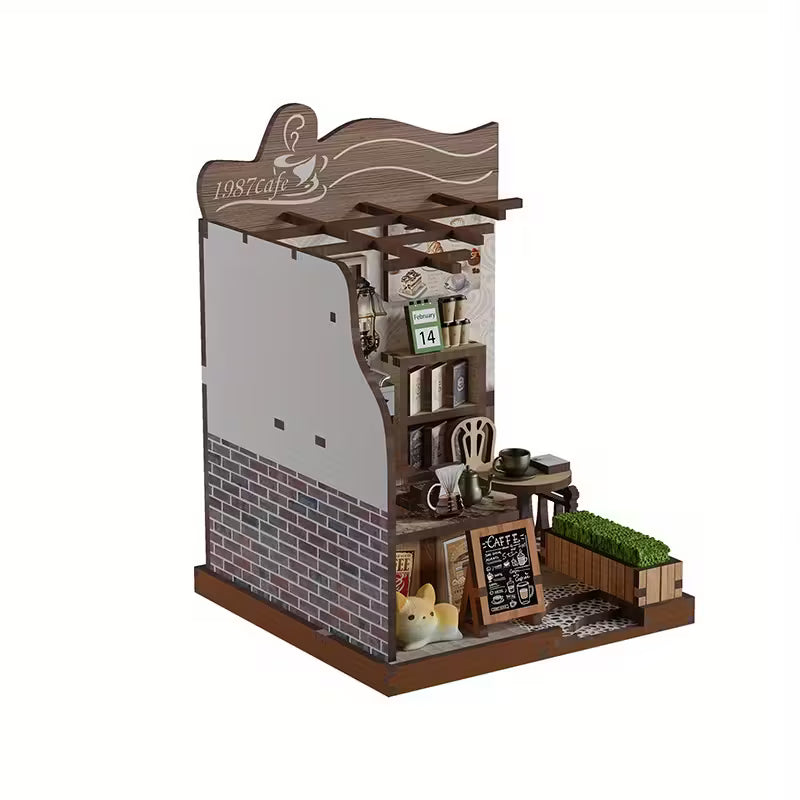Book nook кафе 1987 Cafe – DIY миниатюрен модел на уютно кафене с рафтове, маса, столове и детайлен интериор за библиотека