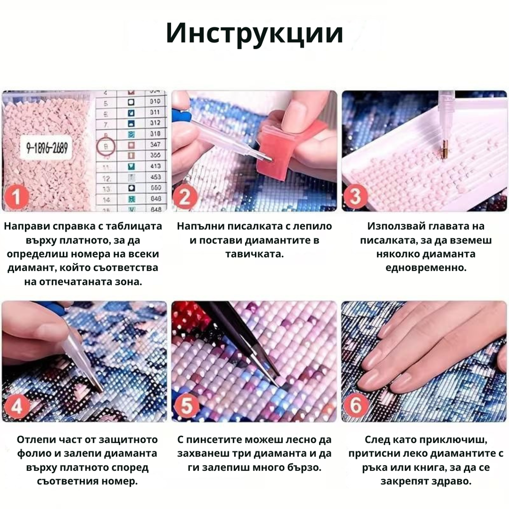 Инструкции стъпка по стъпка за изработване на диамантен гоблен с инструменти и лепене на камъчета