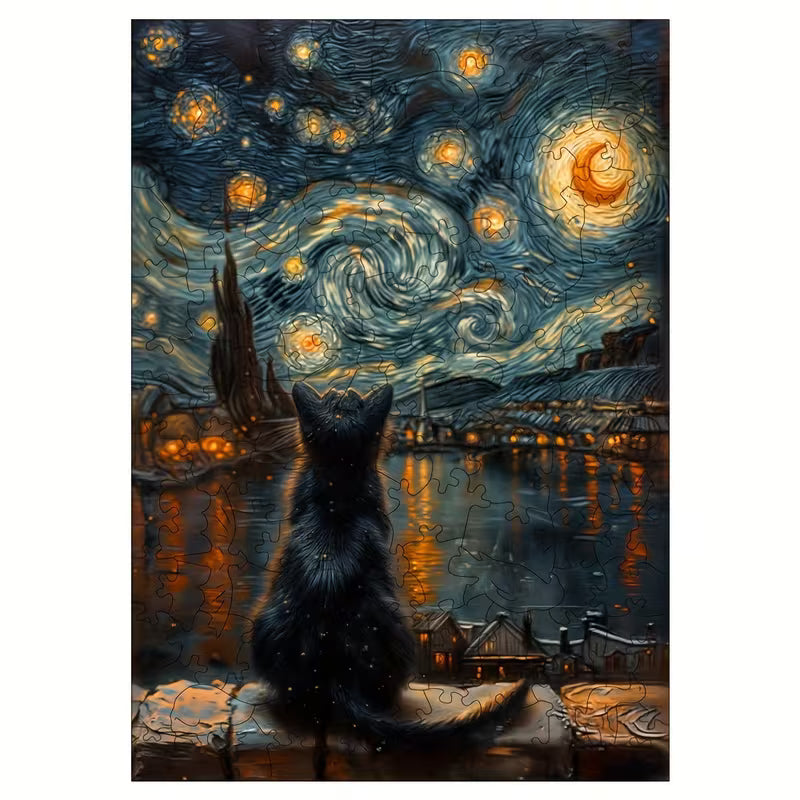 Пъзел с черна котка, гледаща звездно нощно небе в стил Ван Гог над осветен град