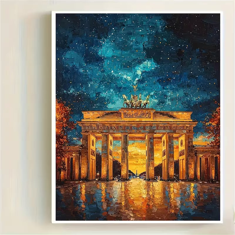 Диамантен гоблен с Бранденбургската врата в Берлин, вечерна светлина и отражения.
