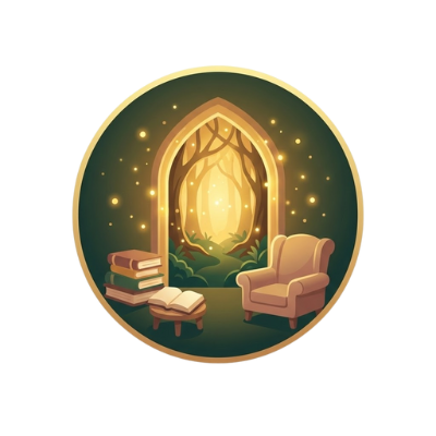 Илюстрация на уютен книжен кът с кресло, отворена книга и купчина книги пред светещ арковиден портал към магическа гора, в топли зелено-златни тонове