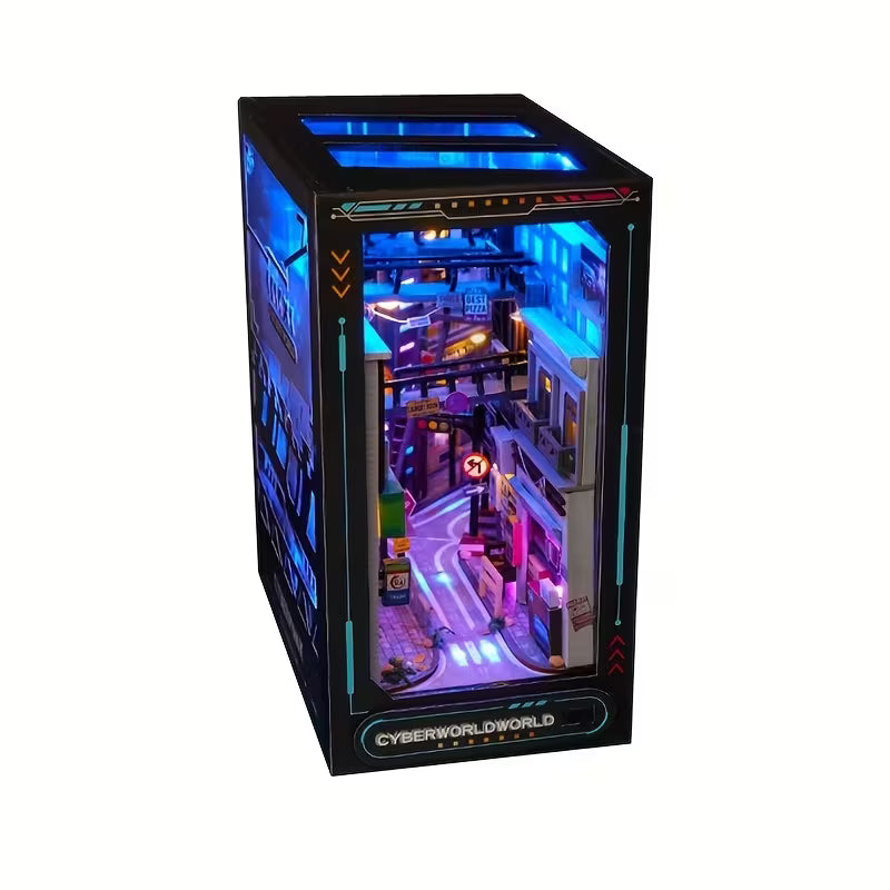 Киберпънк book nook миниатюра с неоново осветена футуристична улица, високи сгради и LED светлини в черно-синя цветова схема, cyberpunk