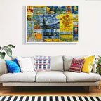 Интериорна визия с пъзел от 1000 части, изобразяващ колаж от известни картини на Ван Гог, окачен над светъл диван с декоративни възглавници в уютна всекидневна.