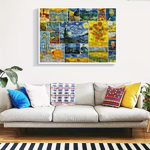 Интериорна визия с пъзел от 1000 части, изобразяващ колаж от известни картини на Ван Гог, окачен над светъл диван с декоративни възглавници в уютна всекидневна.