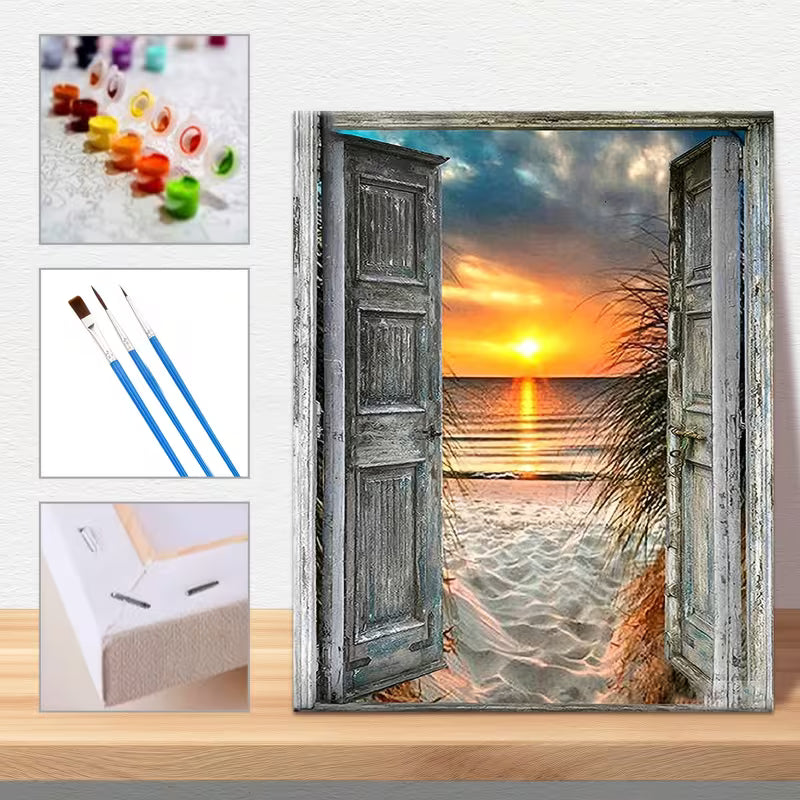 Картина за оцветяване по номера с илюстрация на отворени дървени врати към плаж и залез над морето, включващ комплект с мъниста, четки и платно.