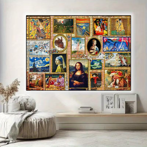 Пъзел с колаж от класически художествени произведения, включително портрети и картини в златисти рамки, окачен на светла стена в минималистичен интериор с пейка и декоративни елементи.