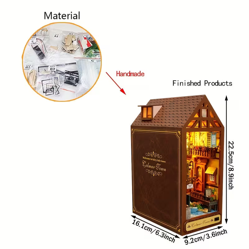 Book nook Colmar Town – DIY комплект с материали и готов продукт, миниатюрна къща с LED осветление, размери 22.5 × 16.1 × 9.2 см, декоративен модел за библиотека