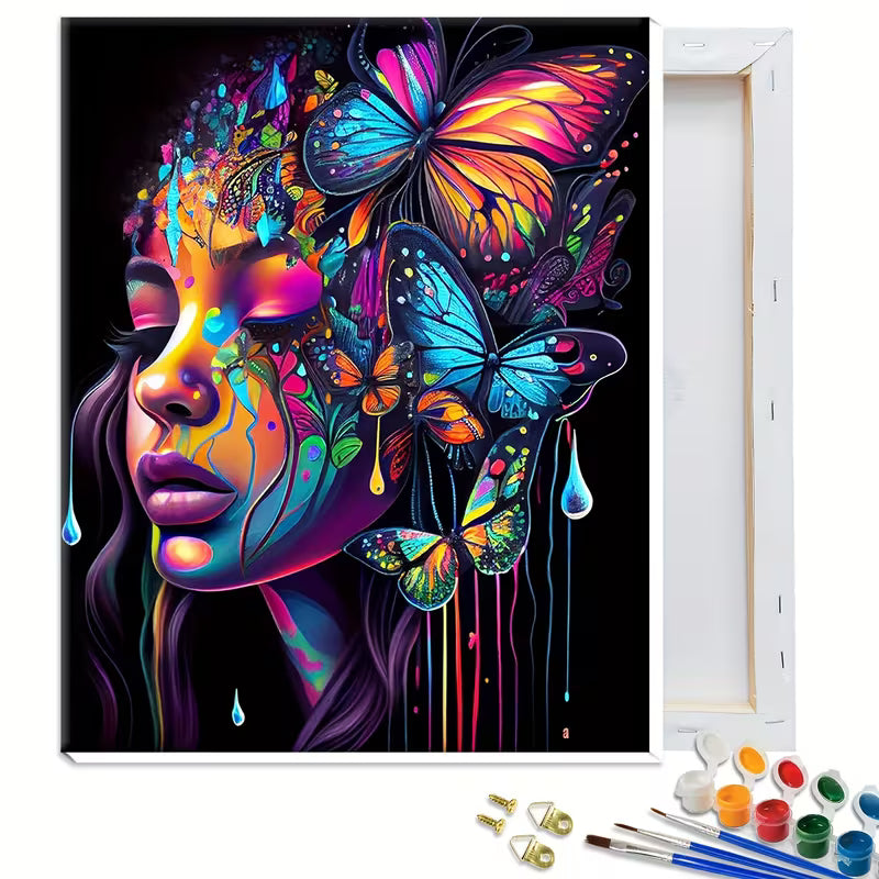 Картина за оцветяване по номера с  цветен артистичен портрет на жена с пеперуди, показан с дървена подрамка, мъниста и инструменти за изработка.