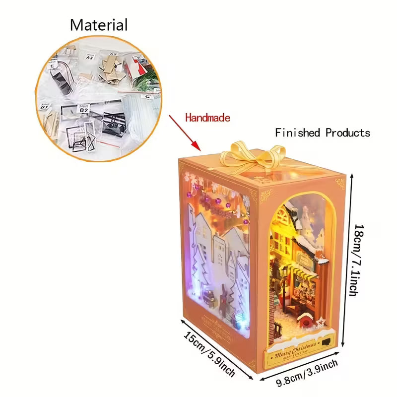 DIY book nook комплект, материали за ръчна изработка и готов коледен модел с LED осветление, размери 18 × 15 × 9.8 см