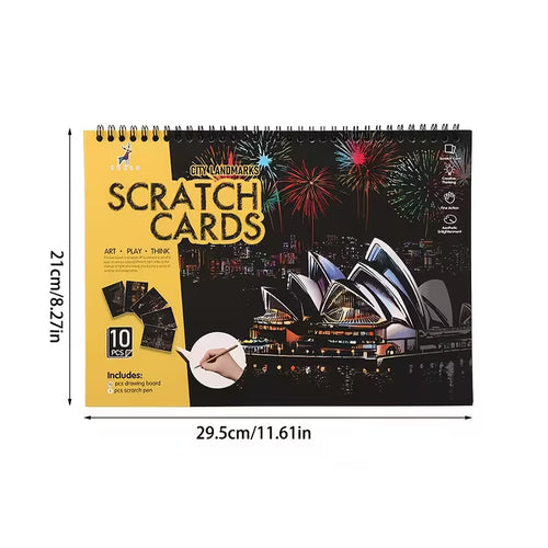 Комплект скреч картини „City Landmarks“ с 10 карти за изстъргване, показващ нощни градски пейзажи и световни забележителности, с обозначени размери и включен инструмент за рисуване.