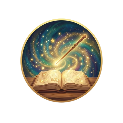 Кръгла магична илюстрация с отворена книга, излъчваща златиста светлина, над която се издига вълшебна пръчка, заобиколена от спираловидна галактика, звезди и светещи символи