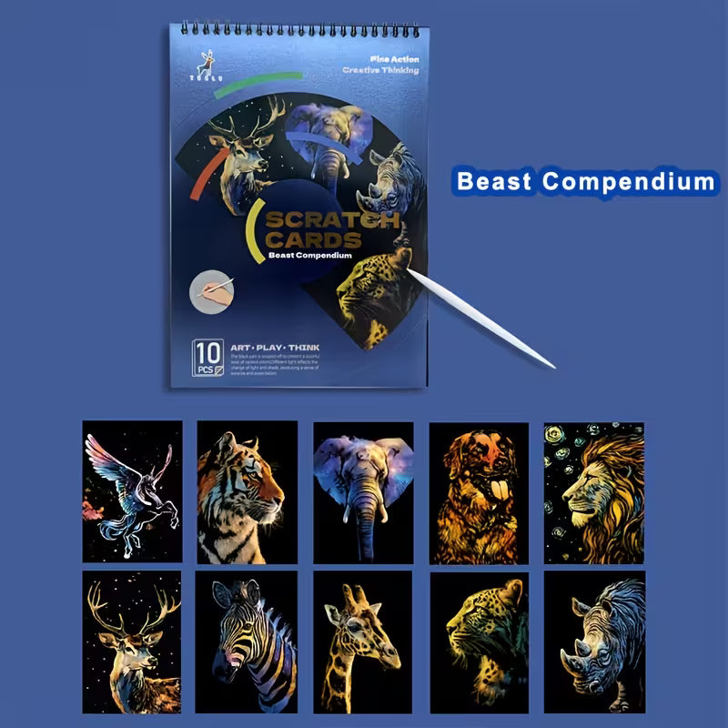 Комплект скреч картини „Животни“ (Beast Compendium) с 10 илюстрации и инструмент за изстъргване
