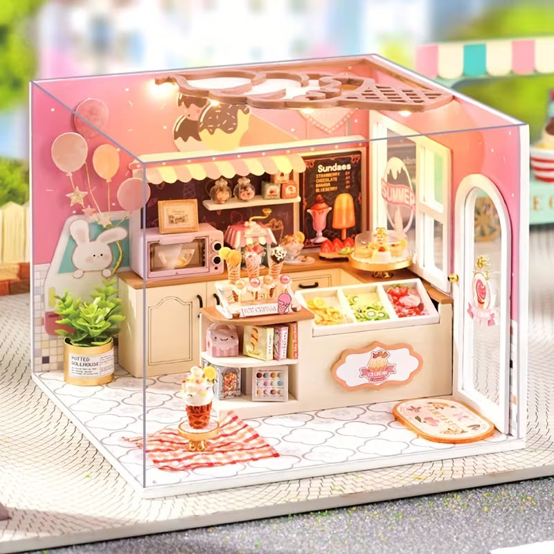 Миниатюрен сладоледен магазин в прозрачна кутия, с витрина за сладолед, пастелни цветове, детайлни декорации и LED осветление, DIY диорама
