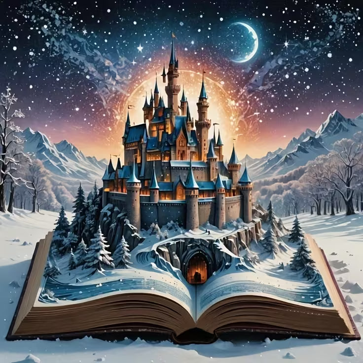 Фантастична илюстрация с магически замък, излизащ от отворена книга в зимен пейзаж