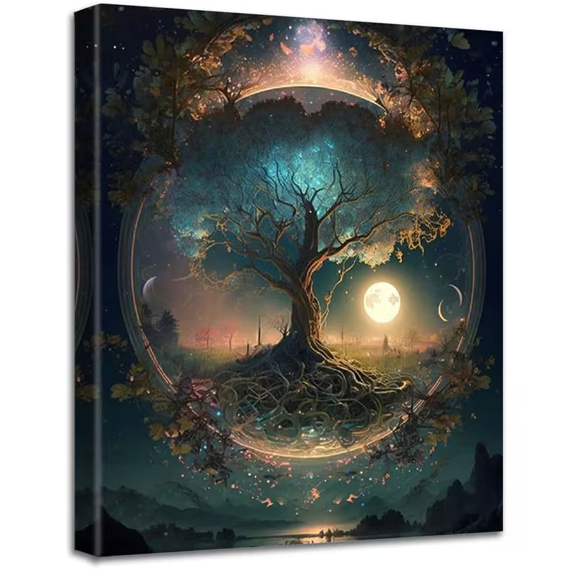 Платно с фантастична илюстрация на магическо дърво с преплетени корени и пълна луна в нощен пейзаж, представено като стенна декорация