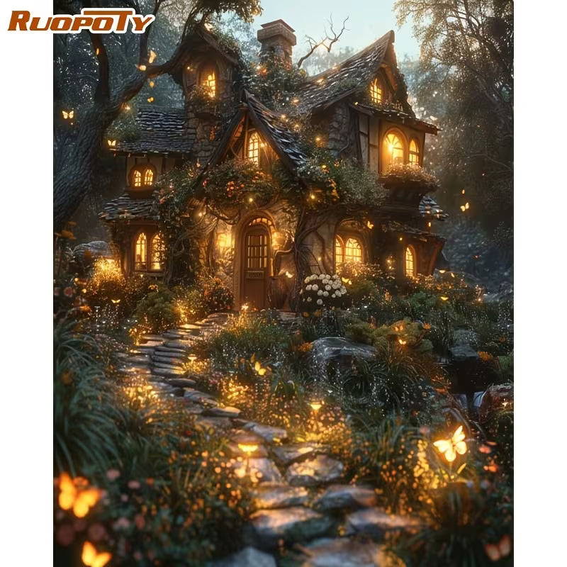 Картина по номера Ruopoty с вълшебна горска къщичка, светещи прозорци, каменна пътека и златни светулки сред дърветата