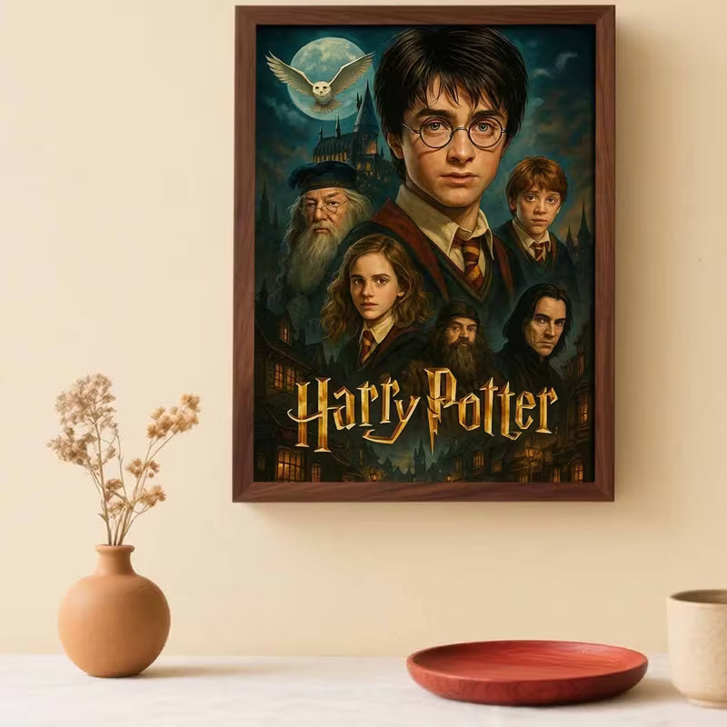 Декоративна картина в рамка с портретна композиция на магически герои, младеж с очила на преден план, сова и замък на заден фон, подходяща за тематична стенна декорация.