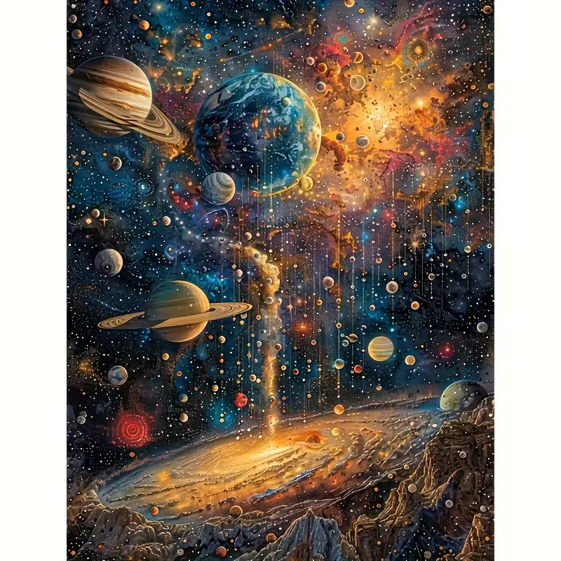Художествена илюстрация на космос с планети, галактики и светлинни ефекти