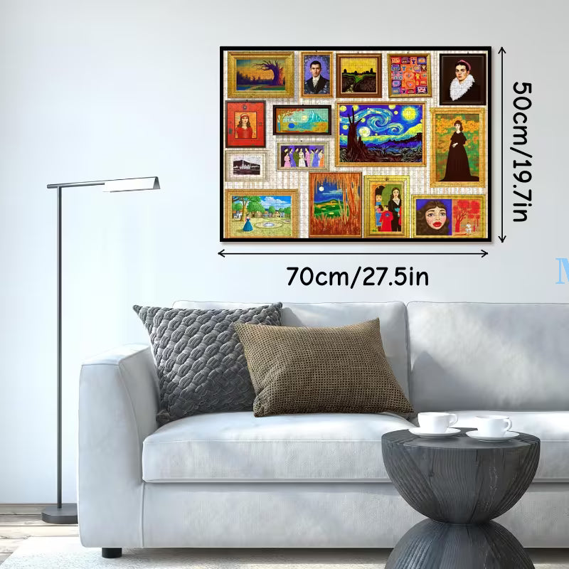 Пъзел с колаж от класически художествени картини, показан в интериор над диван, с обозначени размери 70 x 50 см.