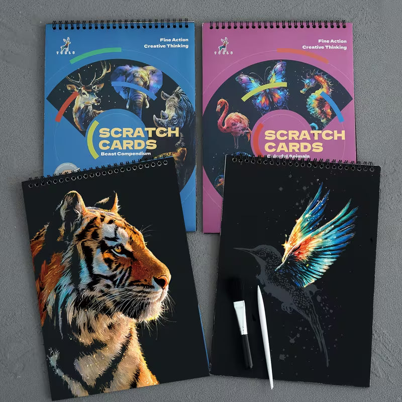 Скреч картини с животни, показани готови изображения и тетрадки от комплекта