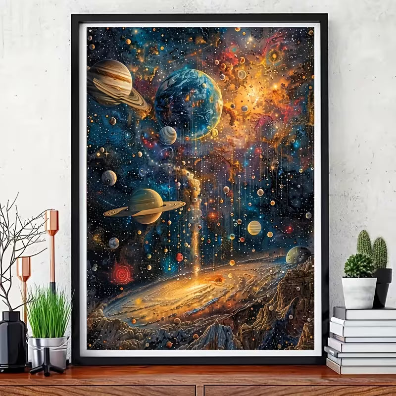 Фантастична космическа картина с планети и галактики, рамкирана и поставена в модерен интериор