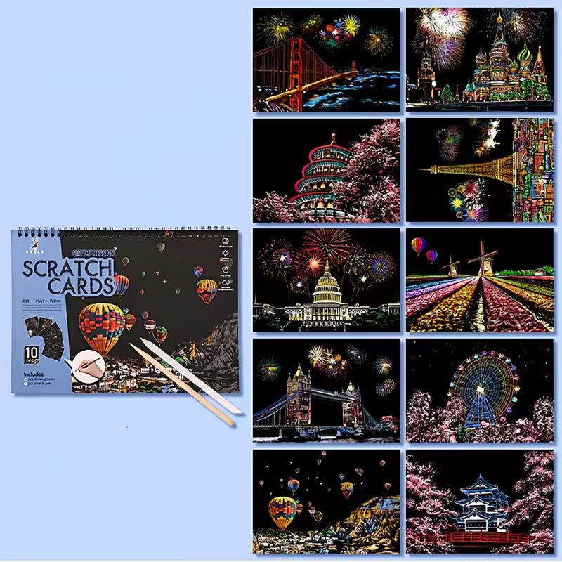 Комплект скреч картини с 10 изображения, представящи нощни сцени с фойерверки, балони с горещ въздух и световни забележителности, показани преди и след изстъргване, с включени инструменти за рисуване.