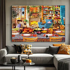 Илюстрация на пъзел с детайлна сцена на празнична трапеза в уютен интериор, с богато подредена маса с печено ястие, свещи, плодове и десерти, заобиколена от столове, камина с огън, библиотека с книги, кресло, декоративни възглавници, растения и музикални инструменти, изпълнена в топли есенни цветове, показана като завършена картина, окачена над диван в модерен хол, с ясно изразена живописна текстура и пъзелни елементи.