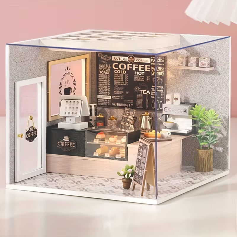 Миниатюрно модерно кафене DIY модел с витрина за десерти, кафе машина, меню на стената и прозрачна кутия