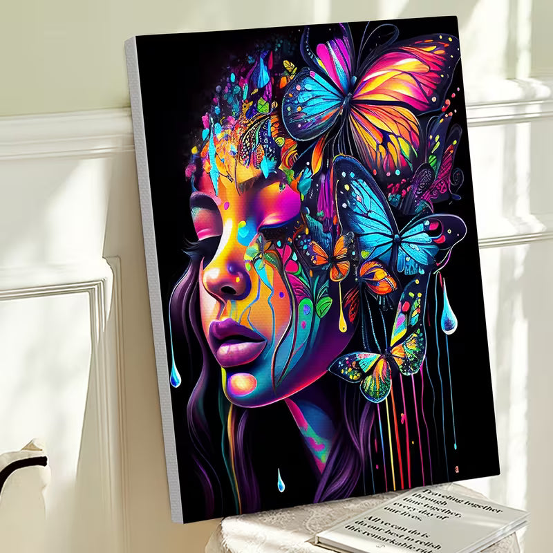 Картина за оцветяване по номера с цветен артистичен портрет на жена с пеперуди върху черен фон, подходящ за декорация на дома или творчески подарък.