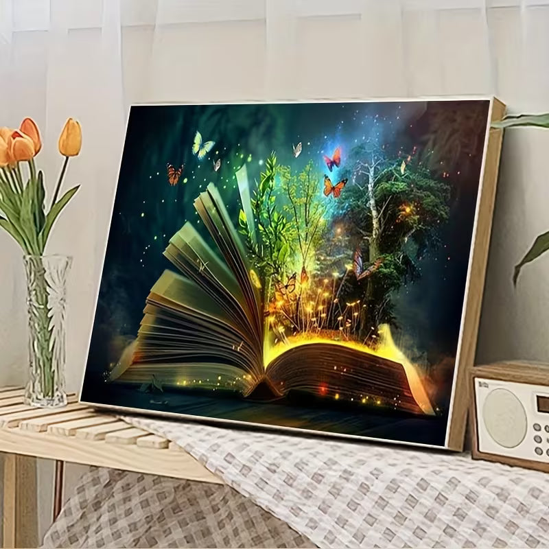 Картина с отворена магическа книга, от която израства светеща гора с дървета и пеперуди, фентъзи илюстрация, поставена в уютен интериор