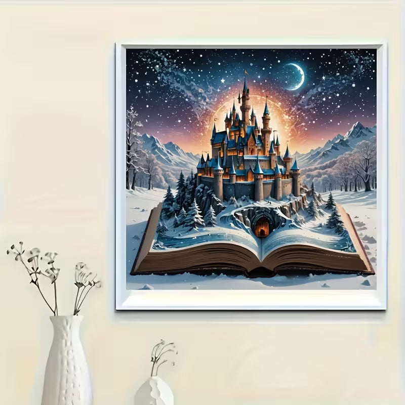 Илюстрация с магически замък, излизащ от отворена книга, изложена в рамка на стена