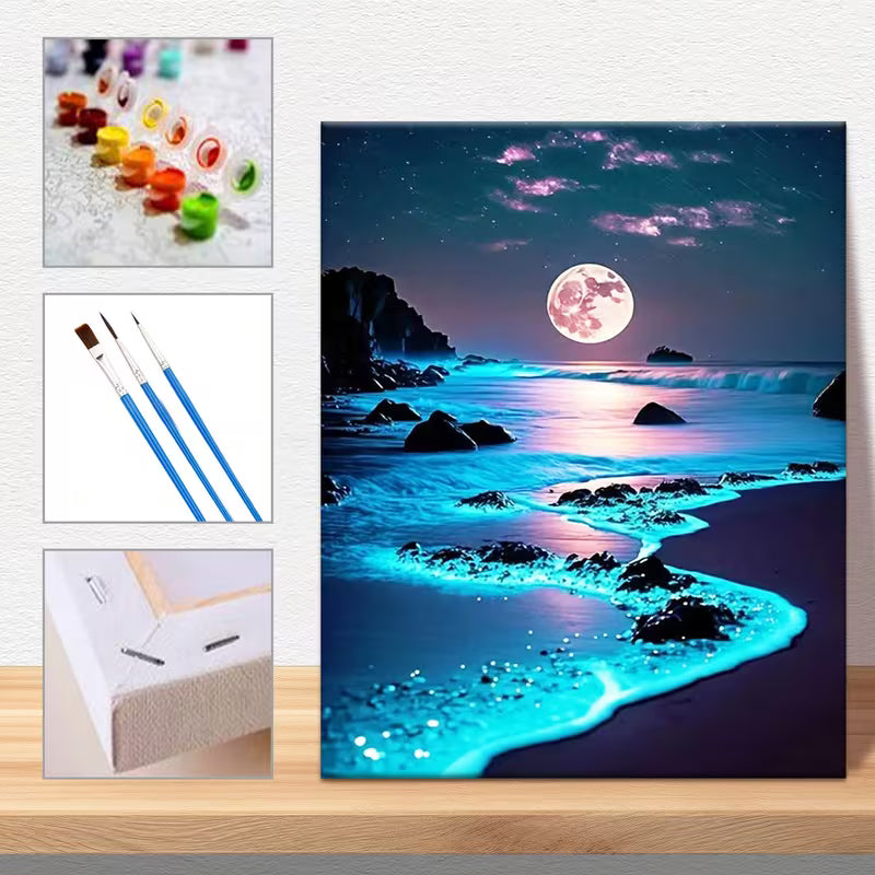 Картина за оцветяване по номера с нощен морски пейзаж, пълна луна и светеща тюркоазена вода, включващ комплект с мъниста, четки и платно.